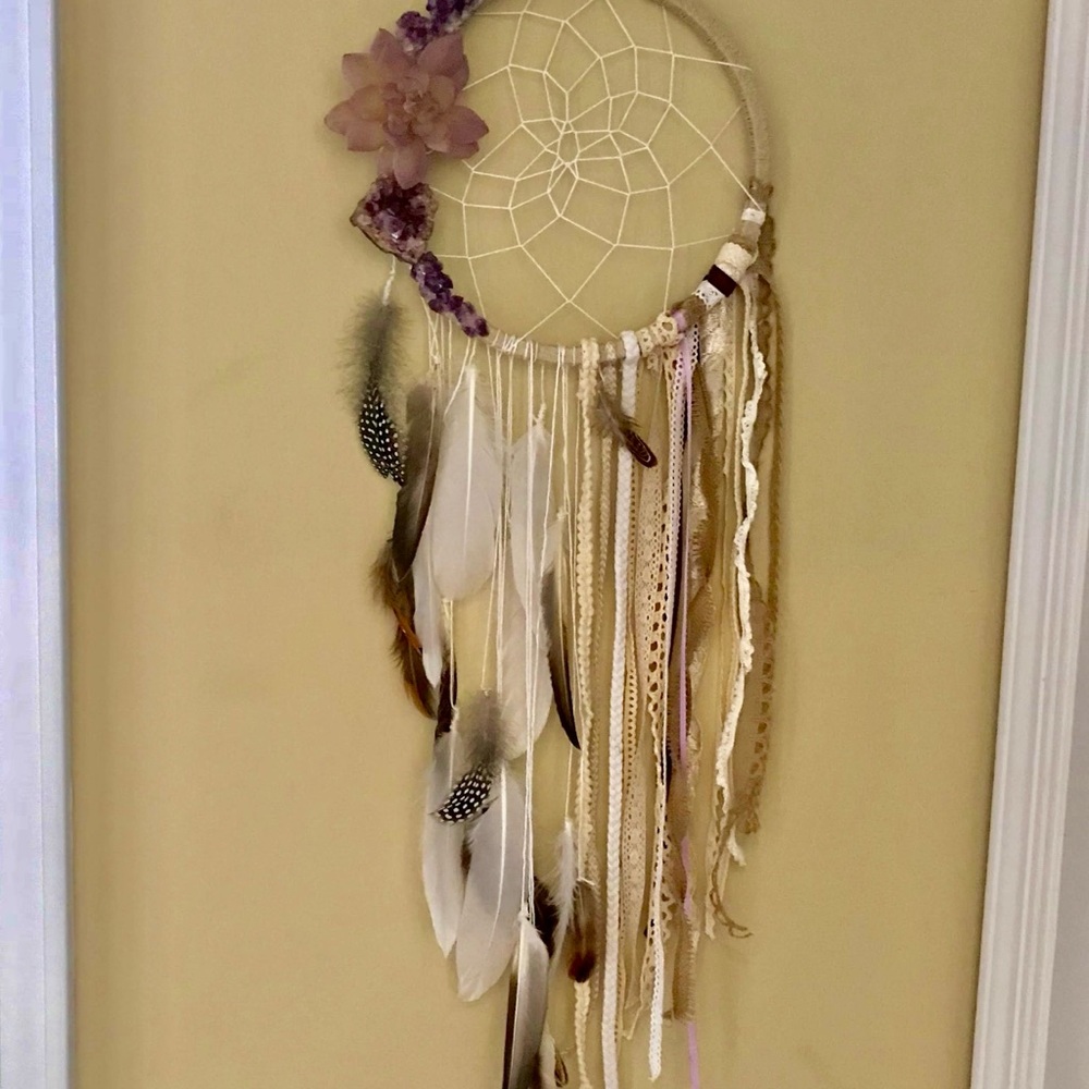 Bohemian Dreamcatcher with Feathers and Flowers and Amethyst